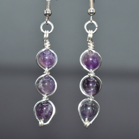 Amethyst earrings, beautiful semi precious stone wire wrapped earrings, handmade - Picture 2 of 4